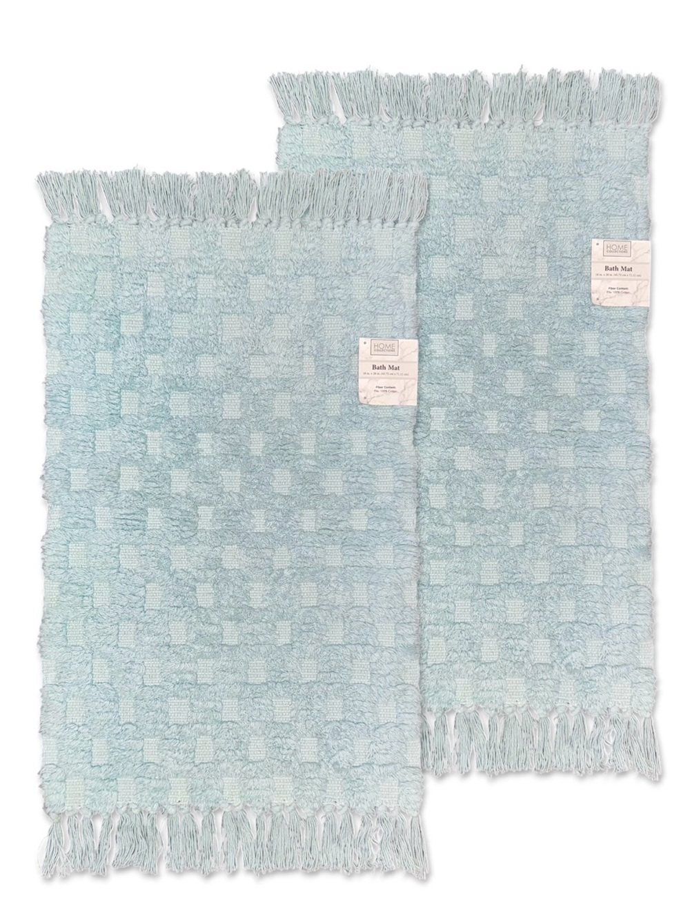 Home Collections Checkered Fringe Bath Mats Cotton Set of Two Aqua Blue 18x28 NW